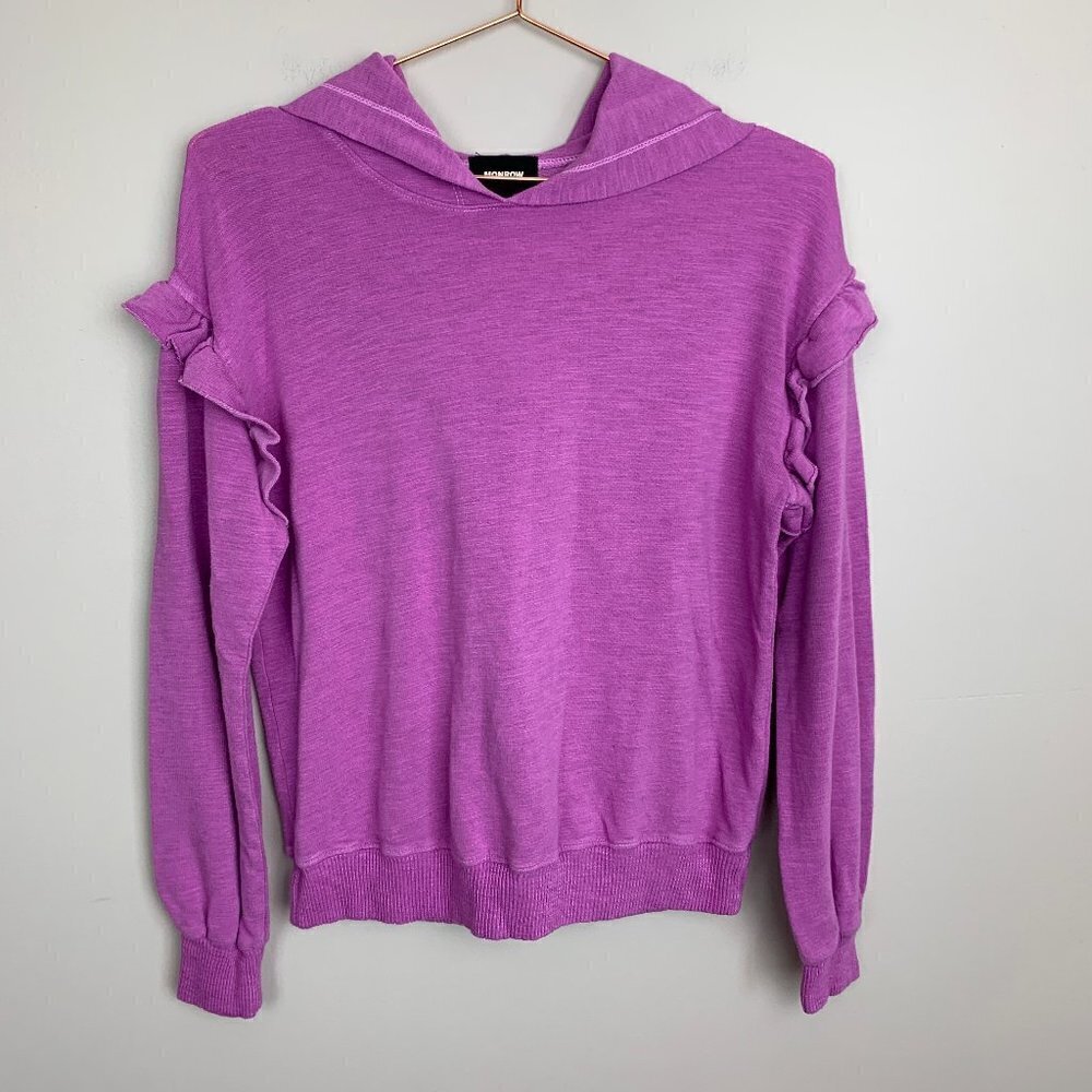 Monrow Women's Super Soft Pull Over Hoody With Ruffle Inset - Size Small - Picture 2 of 6